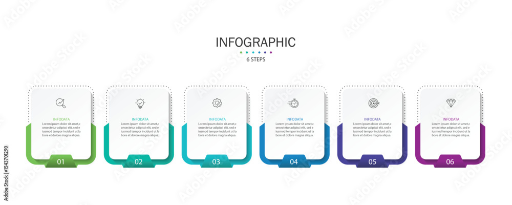 Poster Design template for vector infographic labels with icons and 6 options or steps. Suitable for process diagrams, presentations, workflow layouts, banners, flow charts, and infographics.