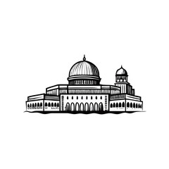 Obraz premium Middle Eastern sacred building with domes in engraved style, iconic Jerusalem landmark. Concept: Israel heritage, holy site, spiritual architecture.