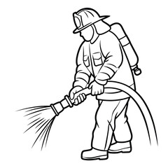 Firefighter using hose line water spray outline