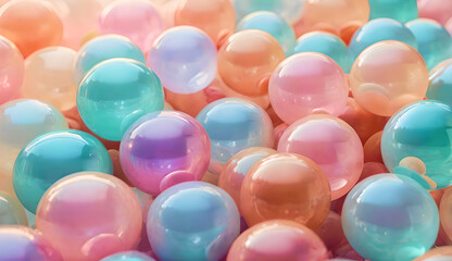 Floating translucent spheres in pastel gradient, soft lighting, 3D abstract composition