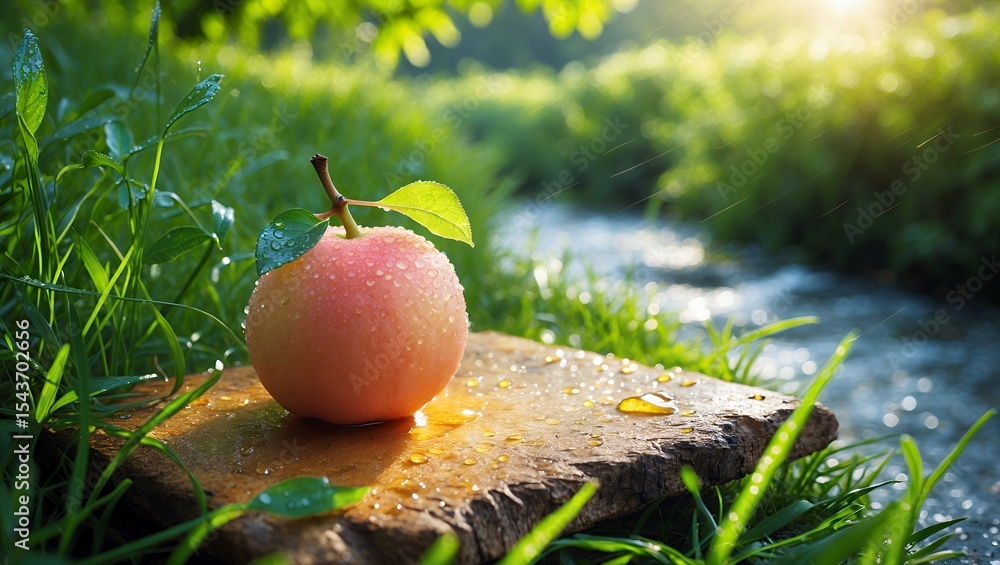 Poster fresh apple resting on stone slab with stream backdrop in nature