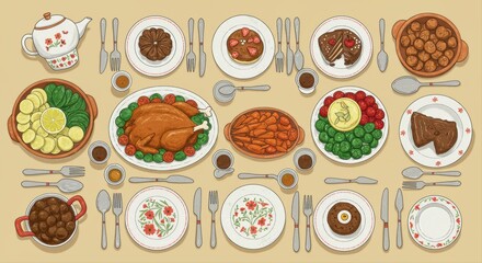 Festive holiday dining scene: A stylized overhead shot of a thanksgiving feast