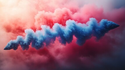 Heart-shaped smoke trail in pink and blue from a Red Arrows air show in the sky, aerial performance, colorful smoke display, romantic shape, aviation show, flight demonstration, sky art.