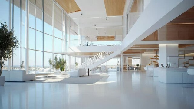Stunning Light Filled Reception Modern White Interior Of High-end Residence, Showcasing Natural Light And Minimalist Design Across Multiple Levels Within Corporate Building