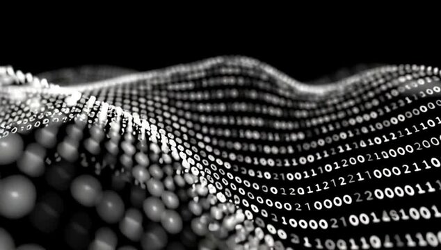 Black background with binary code waves, data visualization concept Black and white Generative AI