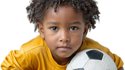 Youthful Soccer Star: A determined young boy, with a serious gaze, clasps a soccer ball, ready for the game, embodying the spirit of sportsmanship.