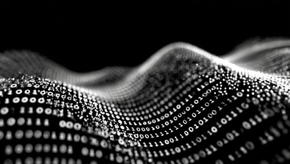 Black background with binary code waves, data visualization concept Black and white Generative AI