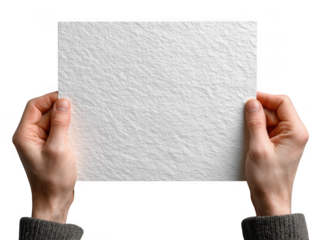 Hands holding blank white paper sheet isolated on transparent background