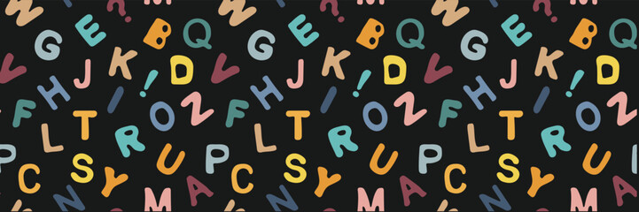 Alphabetical seamless pattern with different latin letters in doodle style. Colored letters on a black background. Vector wallpaper for back to school theme, wrapping paper, wallpaper, banners.