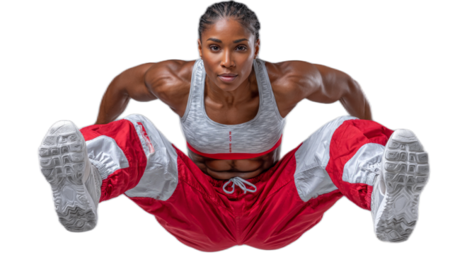 Unleash Power: A focused individual with an athletic build, dressed in sportswear, executes a dynamic exercise move, capturing strength, balance, and a fierce gaze.