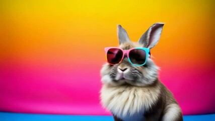 Showing close-up rabbit adjusting two-tone sunglasses and tilting head against gradient backdrop - Powered by Adobe