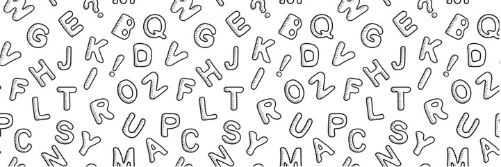 Alphabetical seamless pattern with different hand drawn latin letters in doodle style. Black letters on a white background. Vector wallpaper for back to school theme, wrapping, wallpaper, banners.