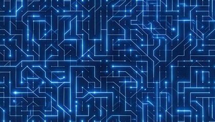 Overhead perspective of a glowing circuit board pattern illuminated by flowing electric pulses, with dynamic light streaks traversing a reflective metallic surface. 