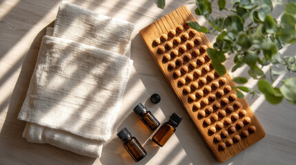 Relaxing Acupressure Mat with Essential Oils on a Clean Towel Surrounded by Greenery for Stress Relief