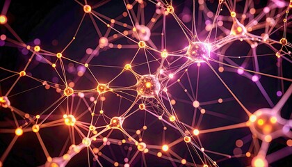 Obraz premium A mesh-like structure resembling a neural network or organic cells, glowing gently with soft pink and gold lights, floating in a black void. 