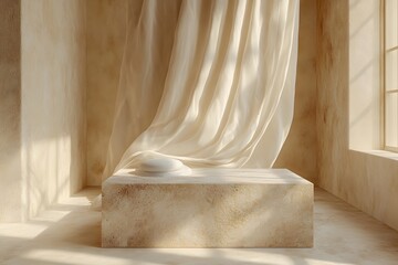 Soft Light and Drape: Minimalist Composition with Stone Pedestal