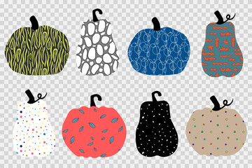 Set of eight pumpkins. All Saints' Day. National traditional international holiday rooted in Celtic culture. Halloween. Collection of isolated icons.