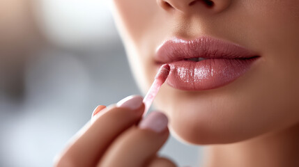 Close-Up of Beautiful Influencer Applying Soft Lip Gloss on Lips with Blurred Background for Makeup Aesthetics