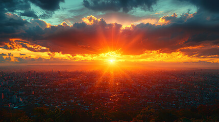 Fototapeta premium City Skyline at Dramatic Sunset with Colorful Clouds and Warm Light