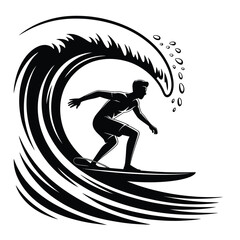 Surfer silhouette riding a large ocean wave