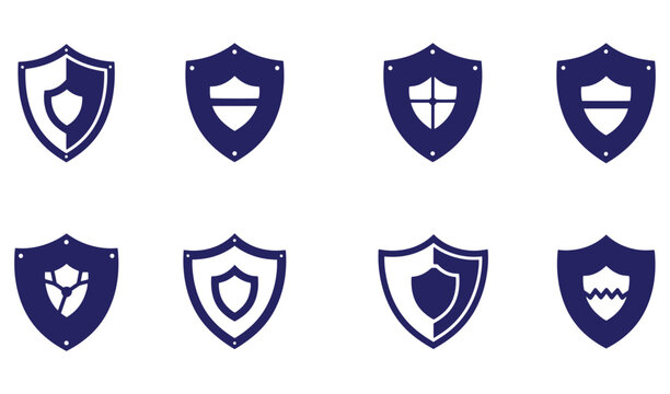 Collection of dark blue shield icons representing security and protection designs for digital use - Powered by Adobe