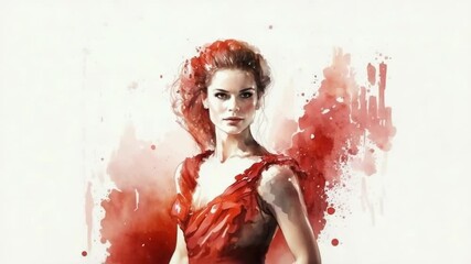 Playing watercolor showing woman wearing flowing red dress on white backdrop, with red splatters - Powered by Adobe