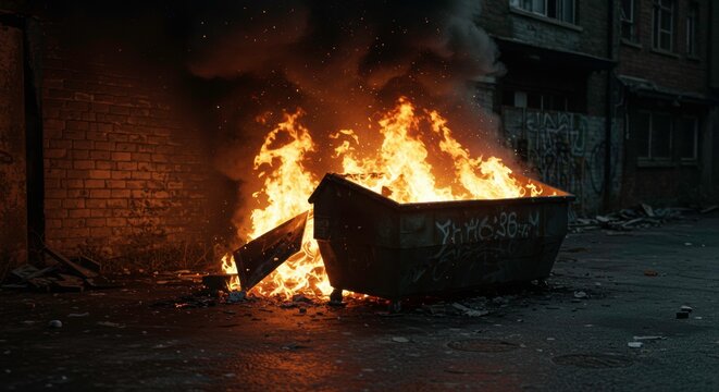 Dumpster Fire in Dark Alleyway: Social Unrest and Urban Decay Illustration - Powered by Adobe