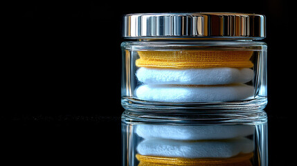 Clear glass jar with yellow and white pads