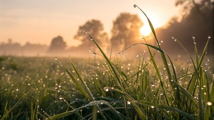 Morning dew on grass illuminated by rising sun — tiny sparkles and soft bokeh