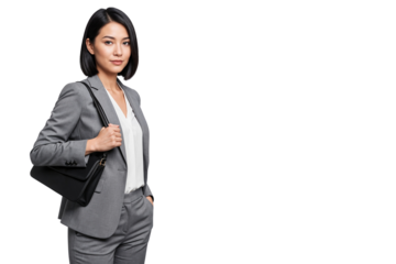 Portrait of a smiling business woman posing with a bag. Isolated on transparent background