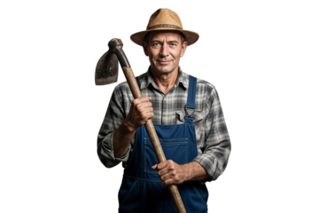 Senior male farmer holding a hoe posing with pride, representing agriculture and rural work
against isolated transparent background