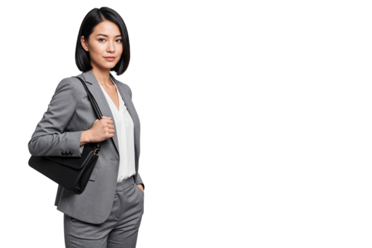 Portrait of a smiling business woman posing with a bag. Isolated on transparent background