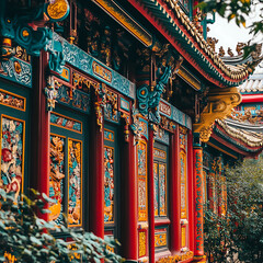 Naklejka premium Grand eastern architecture with golden statues and rooftop dragons high resolution picture