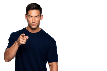 Confident handsome man pointing directly at the camera with serious expression, isolated on transparent background