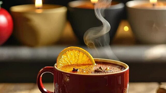 Mulled wine in a cup on the table. Selective focus