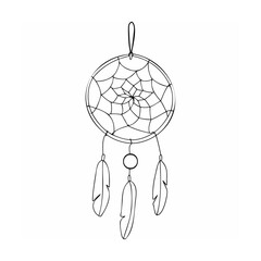 Black Line Art Dreamcatcher with Feathers and Beads