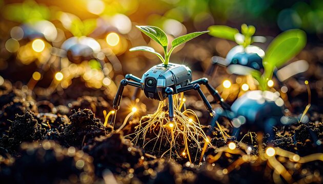 Macro of tiny nanobots interacting with micro plant roots inside moist soil, reflective metallic textures, glowing energy nodes, root fibers wrapping around circuits.