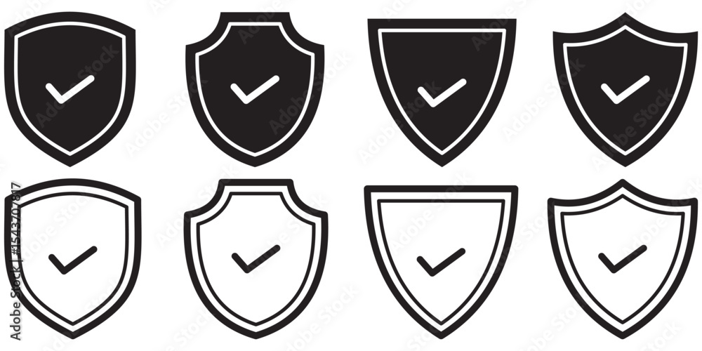 Poster shield with check mark icon set. black filled and stroke line style. check mark and tick symbol.