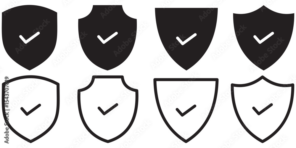 Poster shield with check mark icon set. black filled and stroke line style. check mark and tick symbol.