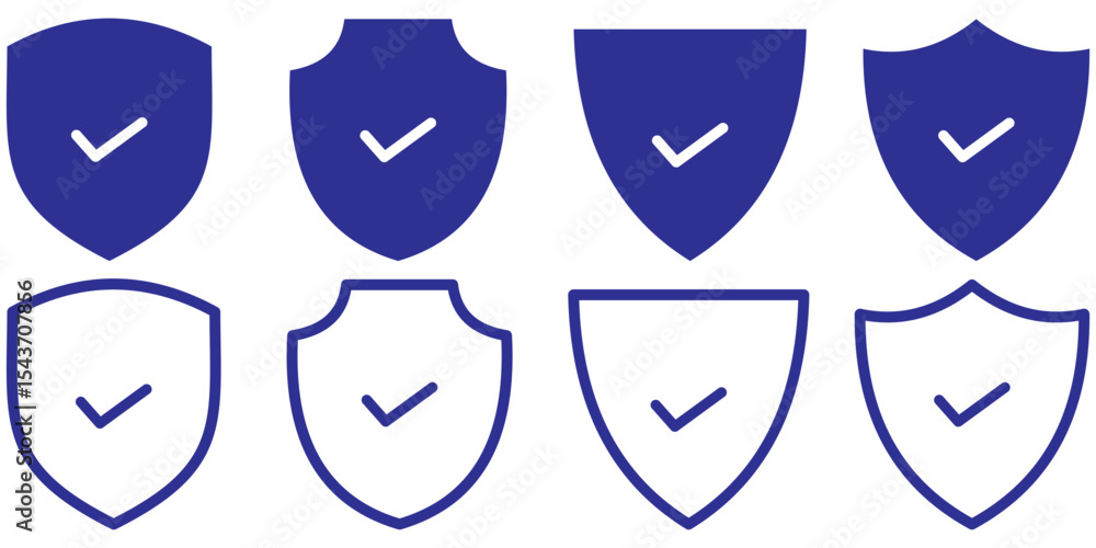Poster shield with check mark icon set. black filled and stroke line style. check mark and tick symbol.