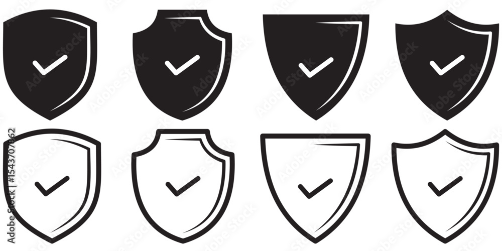 Poster shield with check mark icon set. black filled and stroke line style. check mark and tick symbol.