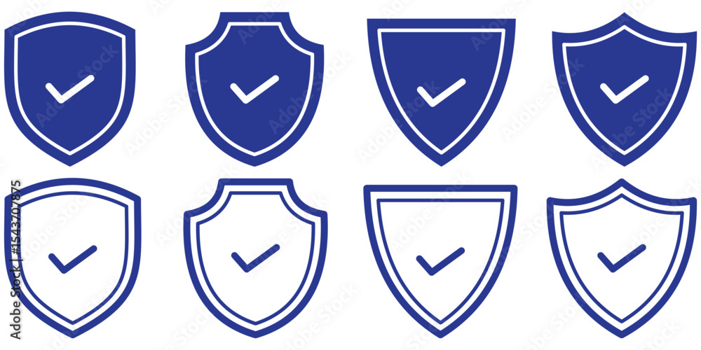 Poster shield with check mark icon set. black filled and stroke line style. check mark and tick symbol.