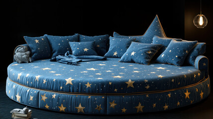 Circular, plush chaise lounge, deep blue fabric with gold stars,  dark backdrop