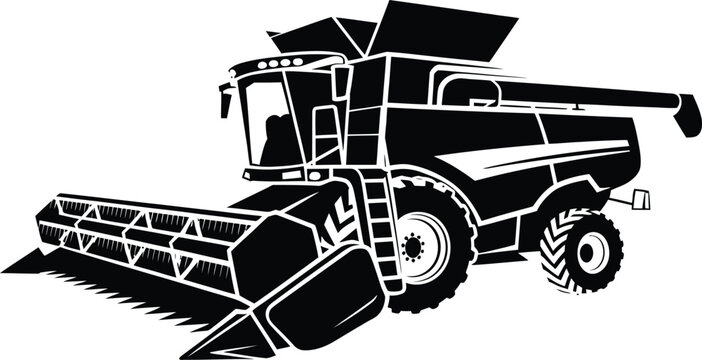 Vector Black Combine Harvester, Agricultural Machine for Farming and Crop Harvesting.