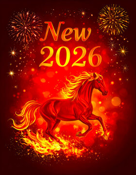 Red Fire Horse against the background of New Year's fireworks and sparks - a symbol of 2026 according to the eastern calendar. AI, Illustration, Generation, Generated image.