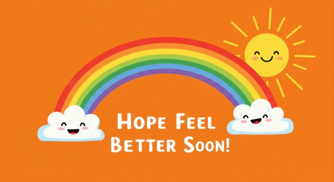 Cartoon illustration with rainbow, smiling sun and clouds wishing well being