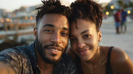 Romantic Couple Taking Selfie on Beach at Sunset with City Lights in Background