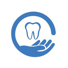 Human tooth on hand gray icon. Disease prevention symbol
