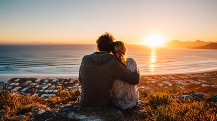 Romantic Couple Watching Sunset Over Beach from Hilltop with Scenic View and Golden Sky