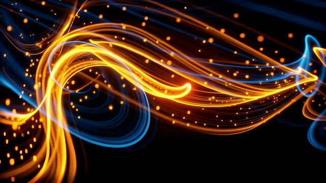 abstract flowing light trails of orange and blue colors create a mesmerizing wave pattern against a black background, showcasing vibrant energy and motion